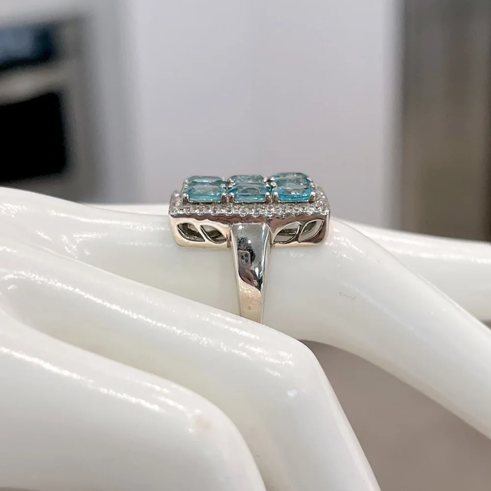 Cambodian Blue Zircon White Zircon Sterling Silver Rectangular Cluster R… - Picture 10 of 14